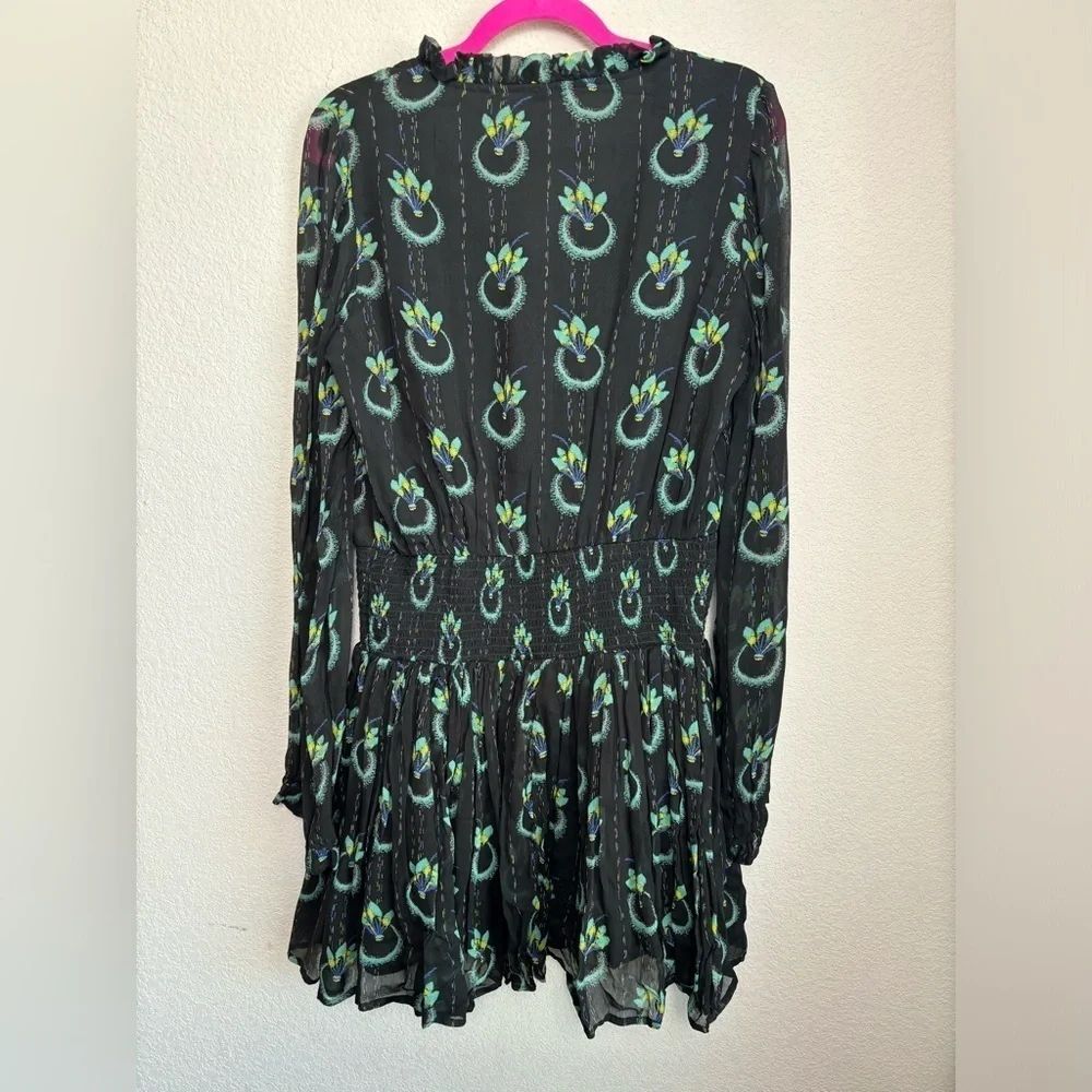 Free People Black Wild Horses Peacock Print Boho Long Sleeve Flounce Hem Dress M